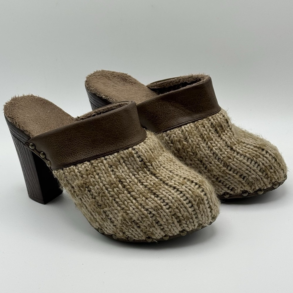 Muk Luks Knit Sweater Clog‎ Mules Block Heel Faux Fur Lined Boho Size 7